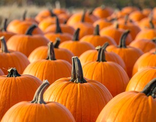 A close-up perspective showcasing a field of ripe, bright orange gourds, each with a dark green stem. The focus is on the foreground