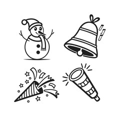 Festive christmas and new year icons a hand-drawn snowman bell and party poppers for holiday celebrations isolated on transparent background