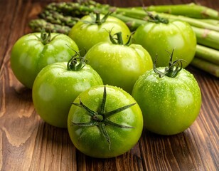 A close-up photo captures a wooden surface with fresh green tomatoes and asparagus. Water droplets glisten on the tomatoes, highlighting their vibrant color