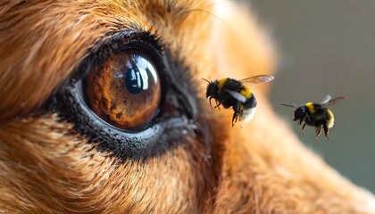 A close-up photo captures the intricate details of a canine's eye, with two bees in mid-flight nearby, creating a moment of curiosity