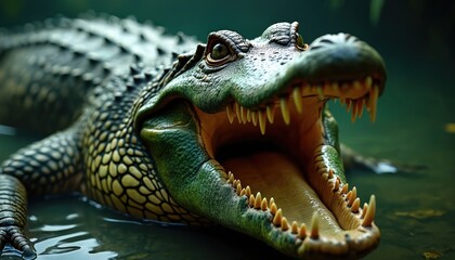 Fototapeta premium Large aggressive crocodile with wide open mouth rows of sharp teeth. Powerful dangerous predator lurks in dark murky green water, waiting patiently. Textured scaly skin, intense eyes convey raw