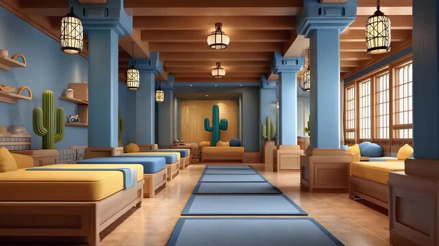 Desert-themed hostel interior cozy scene display