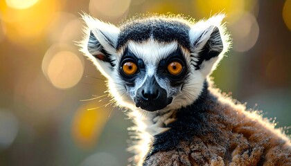 Obraz premium A close-up of a primate with striking orange eyes and distinctive facial markings, backlit by warm sunlight. The background exhibits bokeh