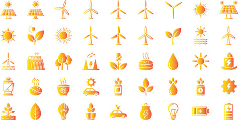 Renewable energy gradient icon set with solar panels, wind turbines, eco power, green technology, sustainability, electricity, and environmental design
