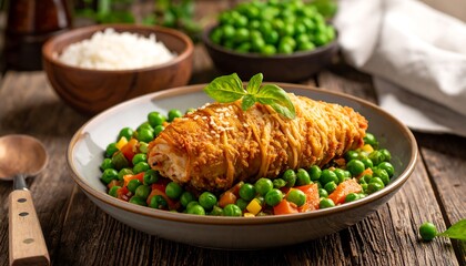 A close-up photo displays a prepared meal on a wooden table. The main course is wrapped in a crispy outer layer, alongside colorful vegetables