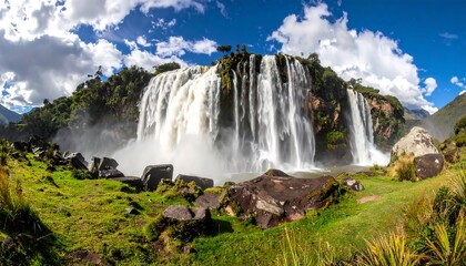 Majestic Waterfall Cascading Over Rocky Terrain.