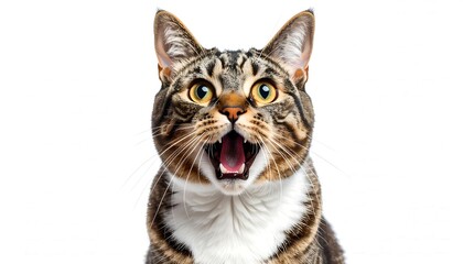 A close-up photo features a tabby cat with wide, startled eyes and an open mouth on a stark white backdrop. The cat appears to be vocalizing