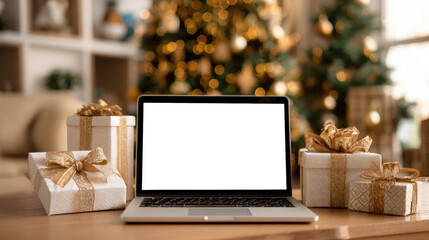 Christmas mockup with laptop, gifts, and decorated tree in background