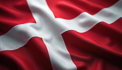 Obraz premium Woven Danish flag waves gently showing intricate fabric texture. Detailed close up of red and white national symbol with visible threads. Clean background for patriotic themes.