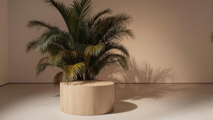 Fototapeta premium Lush green plant in a circular wooden planter casting a shadow on a neutral wall