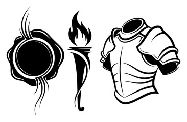 Medieval Heraldic Symbols Set – torch, round shield, knight armor vector icons