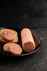 Sausage spread sandwich pork spread natural product tasty snack fresh delicious gourmet food background on the table rustic top view copy space