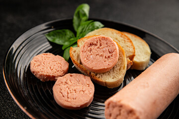Sausage spread sandwich pork spread natural product tasty snack fresh delicious gourmet food background on the table rustic top view copy space