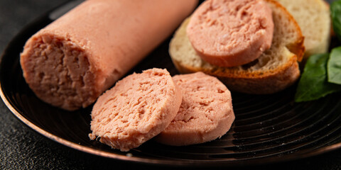 Sausage spread sandwich pork spread natural product tasty snack fresh delicious gourmet food background on the table rustic top view copy space