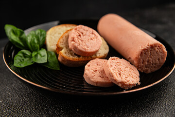Sausage spread sandwich pork spread natural product tasty snack fresh delicious gourmet food background on the table rustic top view copy space