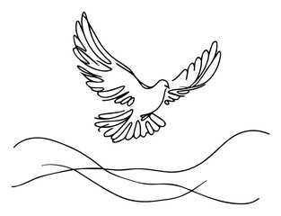 Flying Dove Continuous Line Over Waves – minimalist peace bird symbol vector illustration