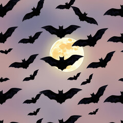 Seamless pattern of a dynamic flock of flying bats silhouetted flying bats over glowing night gradient moonlit sky. Ideal for fabric prints, banners, and decorative wrapping.eps