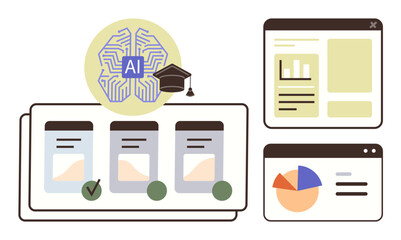 Brain-shaped AI chip with graduation hat, file management system, data charts, and content interface. Ideal for education, AI training, automation, data science, technology research tools simple