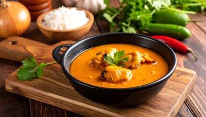 A close-up photo of a bowl of savory stew served on a wooden cutting board. Ingredients like rice, onions, and herbs sit nearby