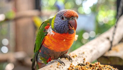 A close-up of a rainbow lorikeet perched on a wooden branch, with a vibrant array of colorful feathers. The background is blurred greenery