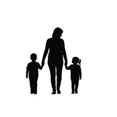 Mother and two children walking together silhouette