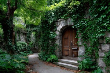 Fototapeta premium Ivy Covered Stone Wall with Wooden Door and Path