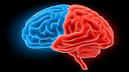 Illustration of a human brain depicting logical and creative functions represented by colors