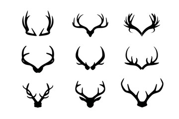 Set of nine black silhouette deer antler icons isolated on white.