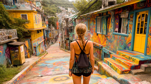 Fototapeta narrow street in the old town traveler exploring narrow alley