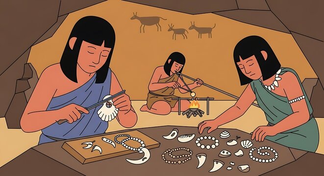 Ancient Craftswomen Creating Jewelry and Tools in a Cave Dwelling.