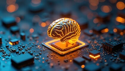 Glowing artificial intelligence brain on a circuit board. High-tech concept showcases AI tech and data processing. Futuristic design with bright lights highlights innovation and computing.