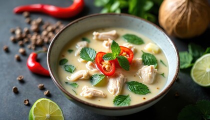 Creamy Thai Tom Kha Gai soup with chicken, coconut milk and fresh herbs. Garnished with chili, mint and lime. Served in a bowl on a dark surface, aromatic Asian cuisine.