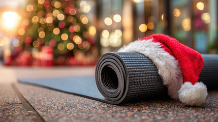Yoga mat with Santa hat on it, Christmas tree and lights blurred in background, healthy lifestyle concept