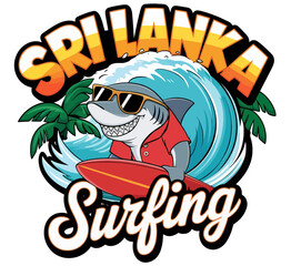 Sri Lanka Surfing Logo Cool Shark Character with Surfboard Wave and Palm Trees Cartoon Vector