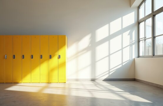 Empty bright yellow lockers line clean modern room interior. Strong natural sunlight streams through large window, creating striking grid shadows across concrete floor, white wall. Fresh, airy space - Powered by Adobe