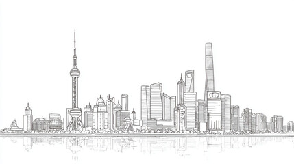 Obraz premium Hand drawn sketch of the Shanghai city skyline with reflections.