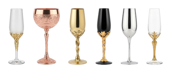 Ornate gold, silver, rose gold, and black champagne flutes and wine goblets set isolated. Luxury celebration drinkware collection.