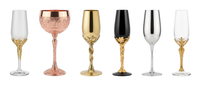 Ornate gold, silver, rose gold, and black champagne flutes and wine goblets set isolated. Luxury celebration drinkware collection.