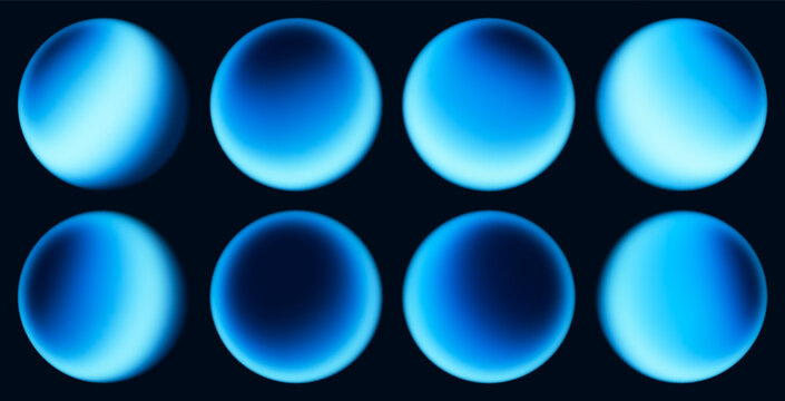 Set of airy blue glowing gradient spheres. Gently illuminated blue glowing spheres with beautiful smooth gradients for creative banners, visual effects, digital art compositions, futuristic projects