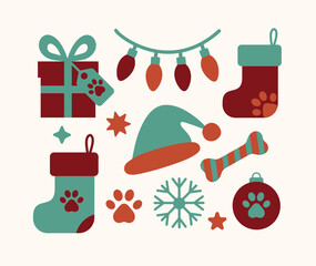 A festive vector flat art set featuring Christmas-themed pet elements including stockings, paw prints, a gift box, bone, snowflake, lights, Santa hat, ornaments, and stars.
