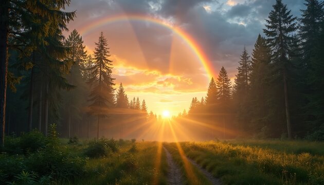 Forest glade with rainbow at sunset. Sun rays break through clouds over trees. A dirt path leads through green grass. Golden light illuminates wet foliage after rain.