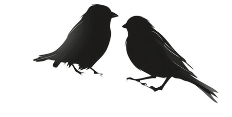 Obraz premium Two small bird silhouettes facing each other on a white background.