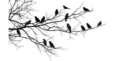 A flock of birds perched on a bare tree branch silhouette.