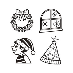 Whimsical christmas elements collection featuring wreath elf hat and snowflake window design isolated on transparent background