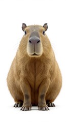 Close-up of a capybara sitting upright on a white background, showcasing its detailed fur and calm expression