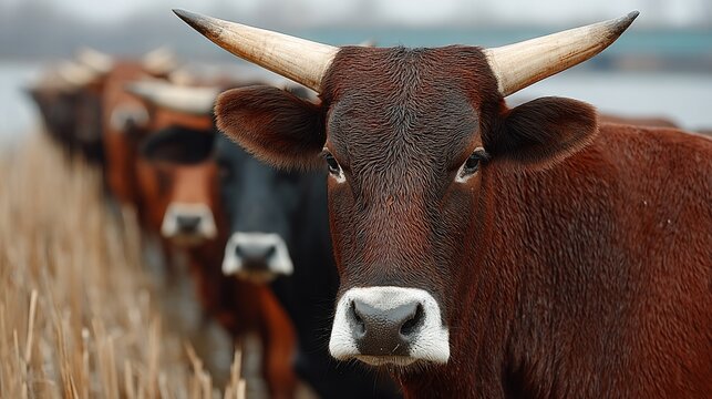 Line of majestic Ankole Watusi cattle with impressive horns gazing towards the camera