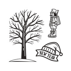 Winter tree festive hat snowman silhouette elements for holiday seasonal design isolated on transparent background