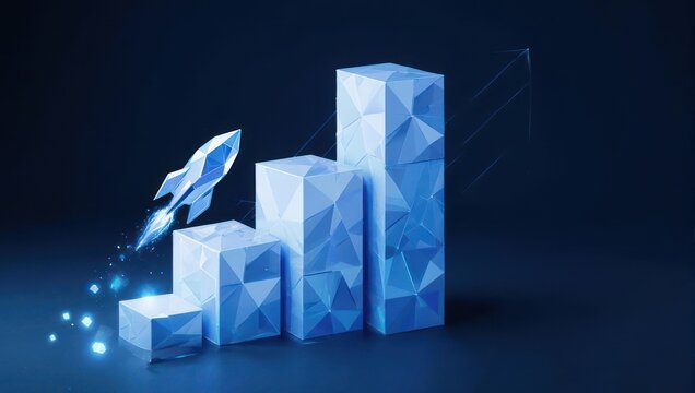 A stylized abstract illustration with blue geometric shapes representing business growth, a rocket taking off - Powered by Adobe