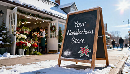 Festive neighborhood store with chalkboard sign reading "Your Neighborhood Store" decorated with poinsettia in winter