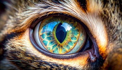 Mesmerizing macro close-up of a feline's intense, vibrant eye, revealing intricate patterns and rich golden-green hues. A captivating gaze from the wild, highlighting reptilian-like iris details